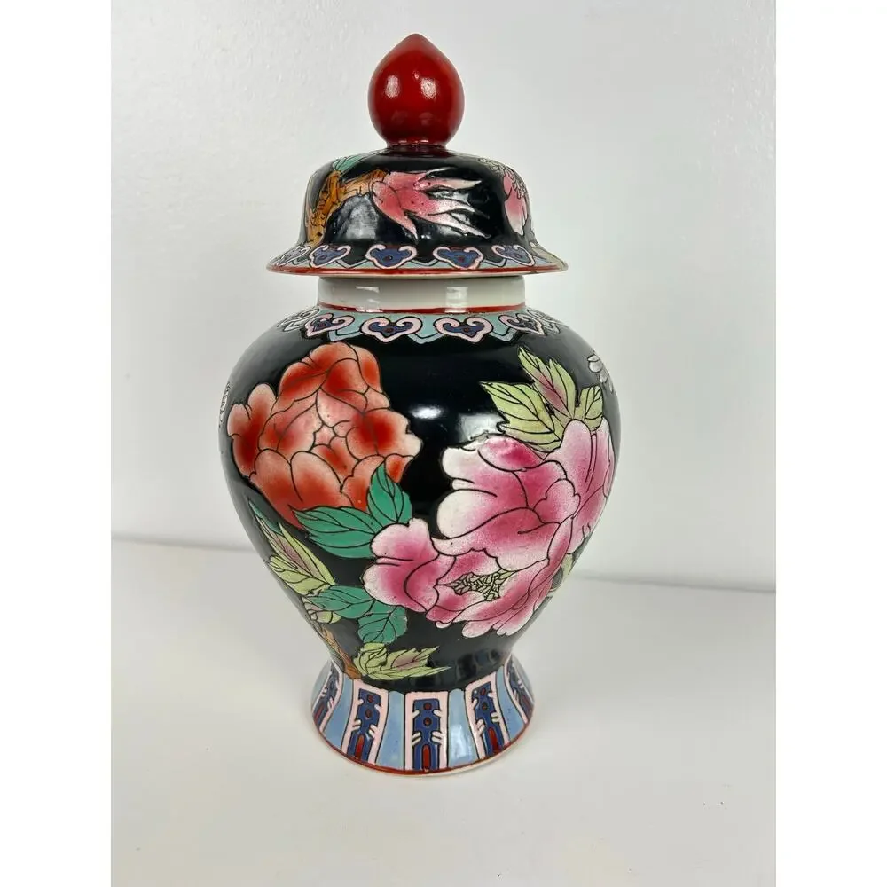 Vintage Japanese Hand Painted Ginger Jar w/ Lid Birds Florals Pottery Vase
